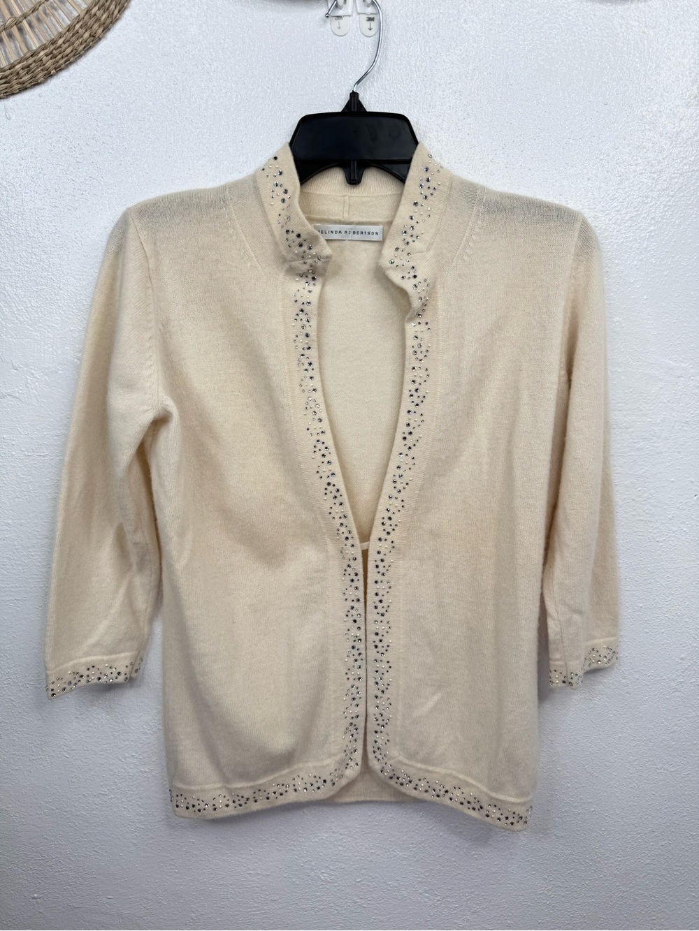 Belinda Robertson Cashmere Cardigan Sweater Womens M Ivory Mock Neck Rhinestone